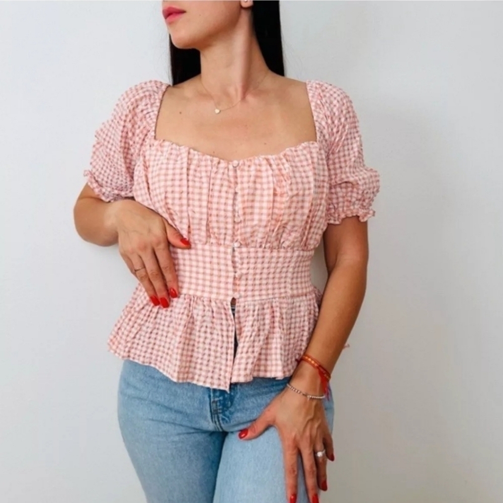 NWT Guess Meri pink White Checkered Gingham Blouse sz M